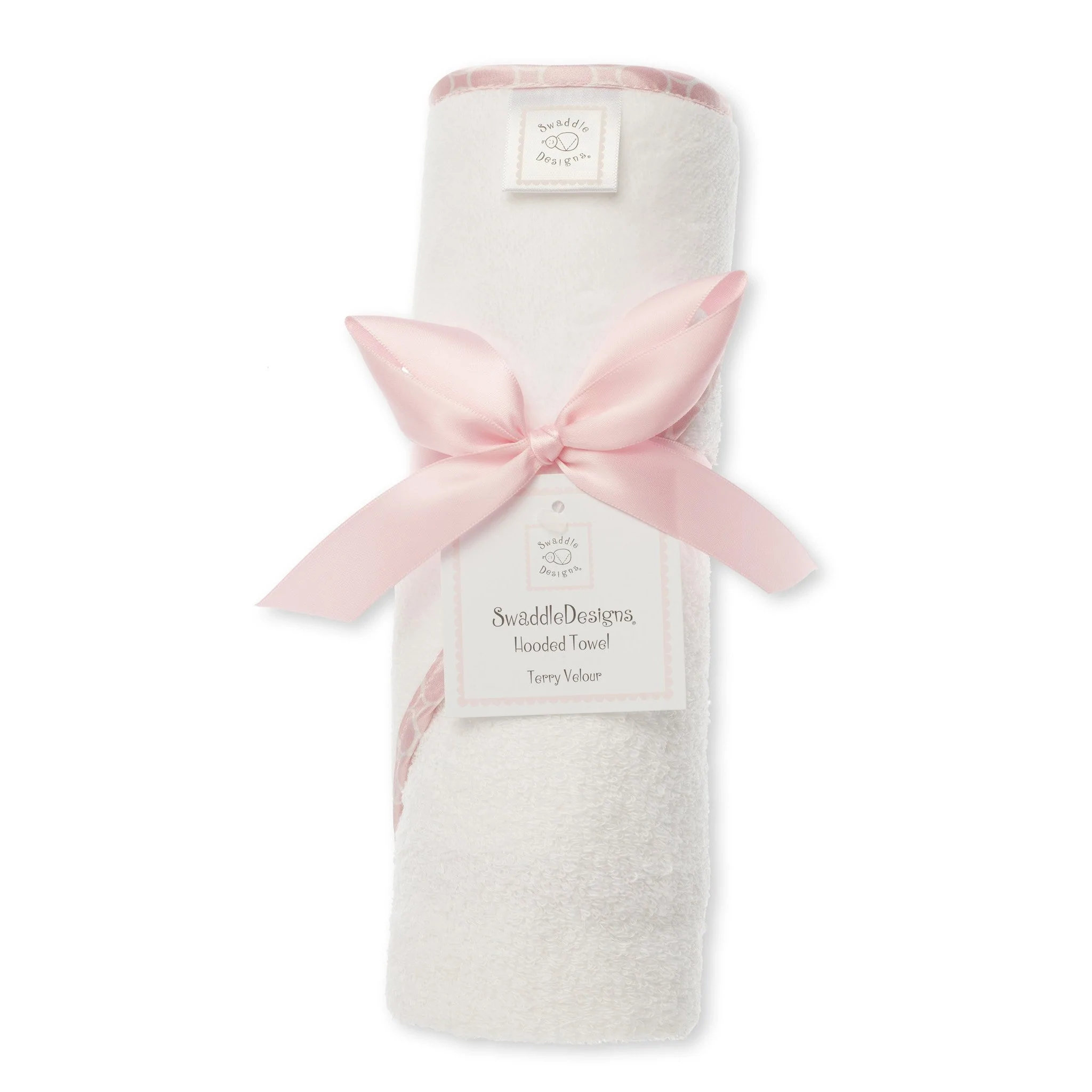 Terry Velour Hooded Towel – Mini Mod Circles Trim, Pastel Pink